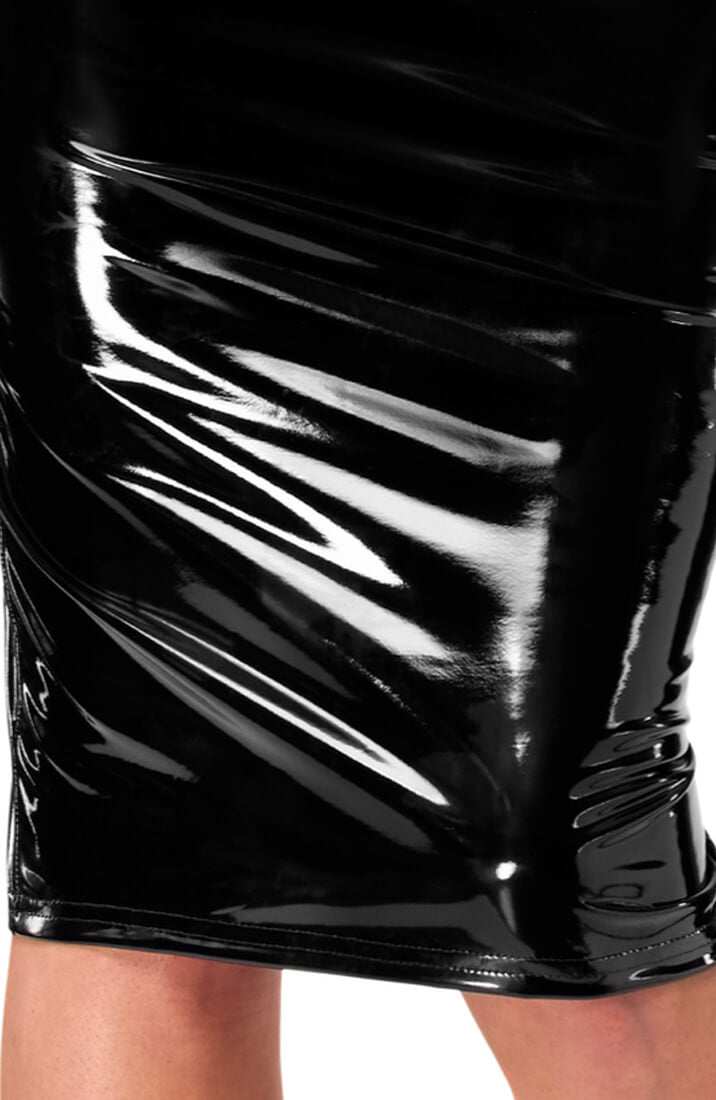 Close-up of glossy PVC texture on pencil skirt