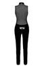 Ultra-glossy black vinyl catsuit with a waist belt for a sleek, hourglass-enhancing fit