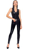 Command attention in this glossy black vinyl catsuit with a bold waist belt - confidence redefined