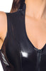 Latex-look black vinyl catsuit with a structured belt - confidence, power, and pure seduction