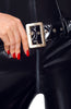 Drenched in high-shine allure - black vinyl catsuit with a figure-defining belt for extra impact