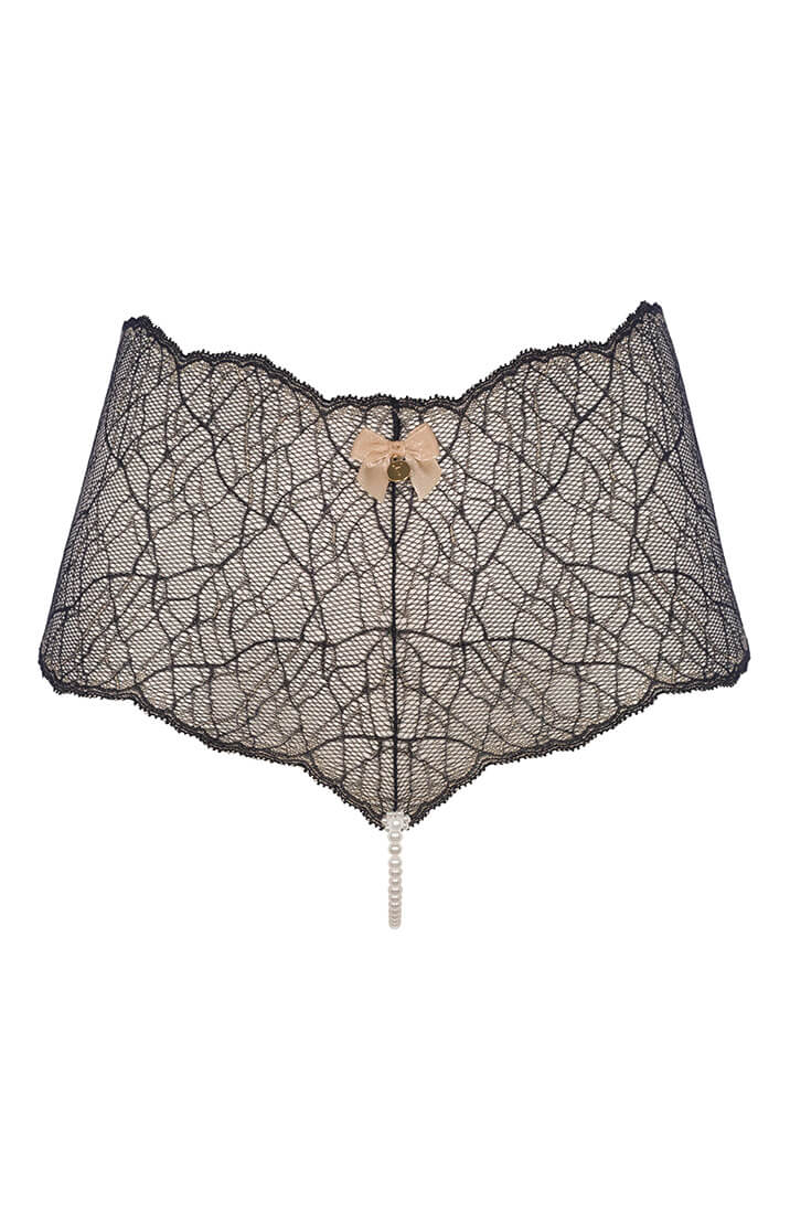 Elegant black lace panty with gold lurex and white pearl string from COAX Copenhagen