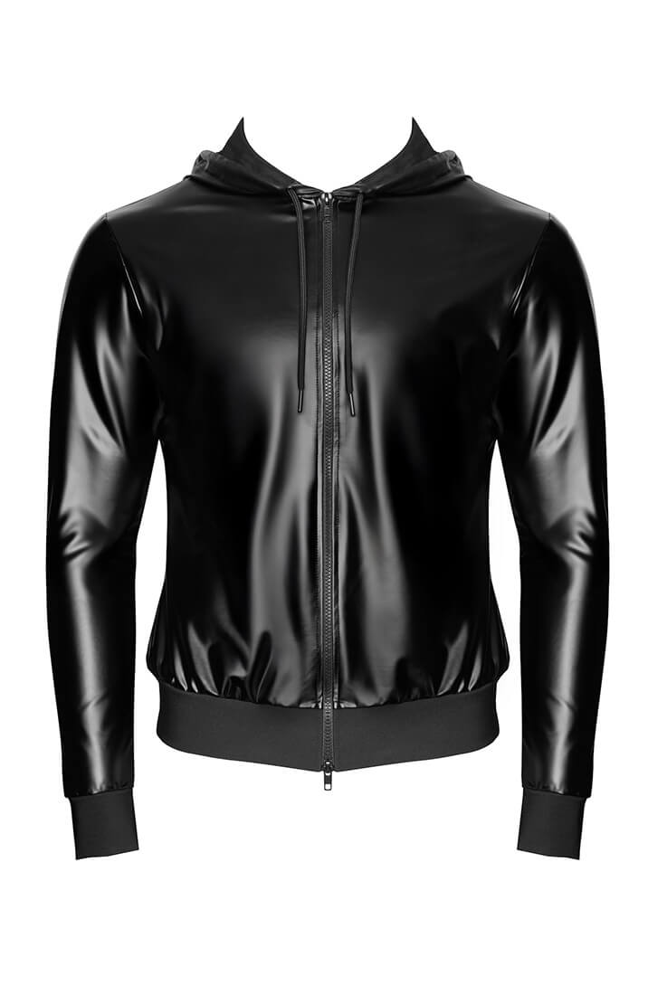 Black Hooded Wet Look Jacket - Night Runner