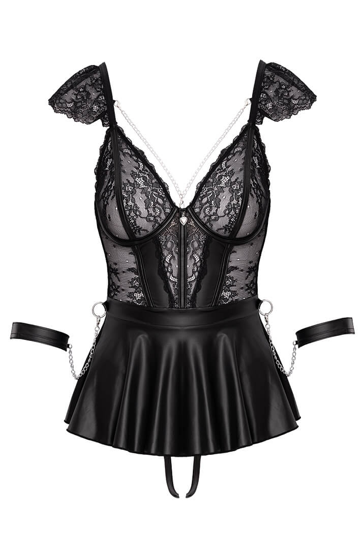 Seductive COAX Copenhagen lingerie set with snap hook cuffs and open crotch