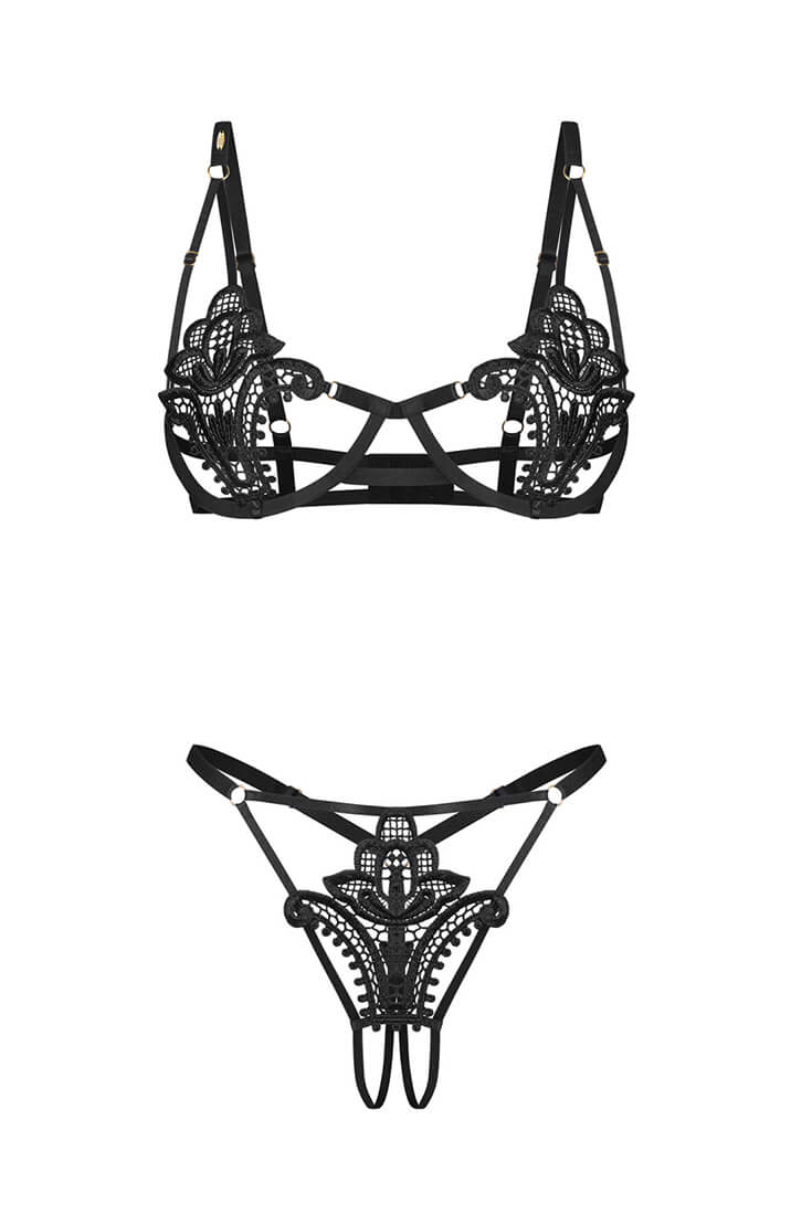 Two-piece black lingerie set with intricate floral lace and revealing cutouts