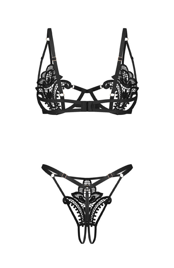 COAX Copenhagen black lace lingerie set with strappy bra and matching crotchless thong