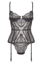 Load image into Gallery viewer, Black lace bustier with suspenders