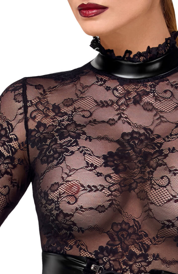 Fetish-inspired lace midi dress with high collar and power wetlook details