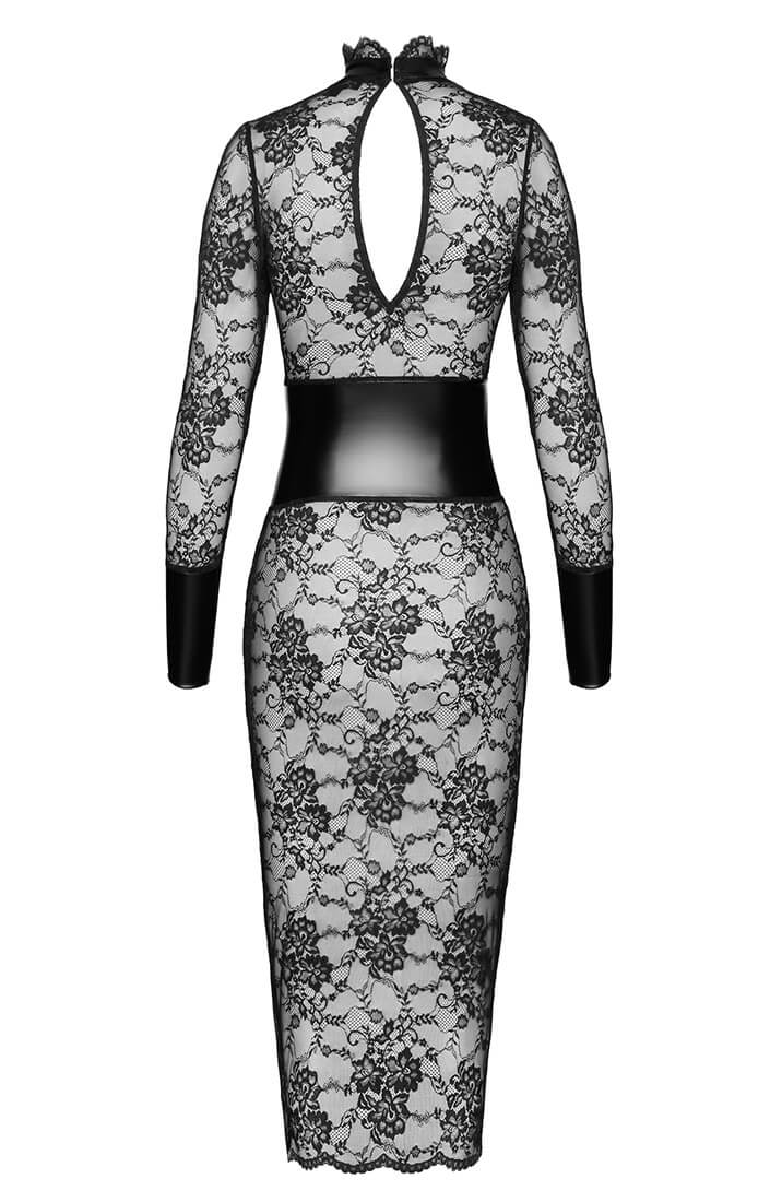 Sheer black lace dress with accents and structured corset waist