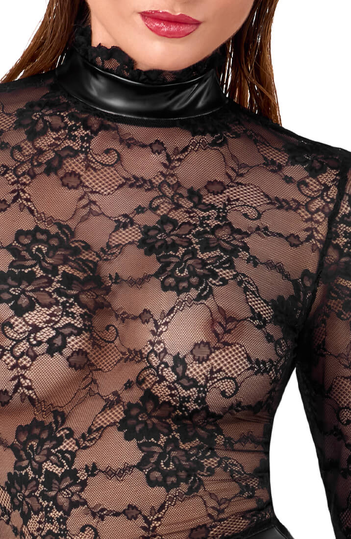 Sexy black lace dress with wet look choker and lace sleeves - close-up front top