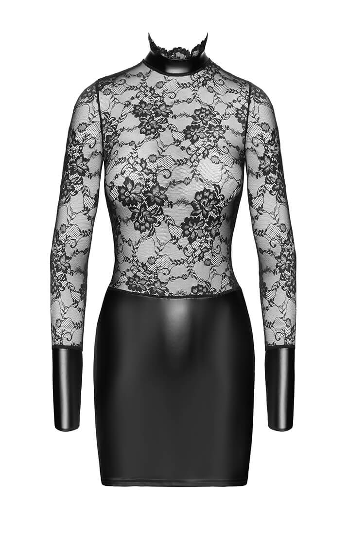 Feminine yet fetish lace mini dress with matte wet look accents - COAX Copenhagen