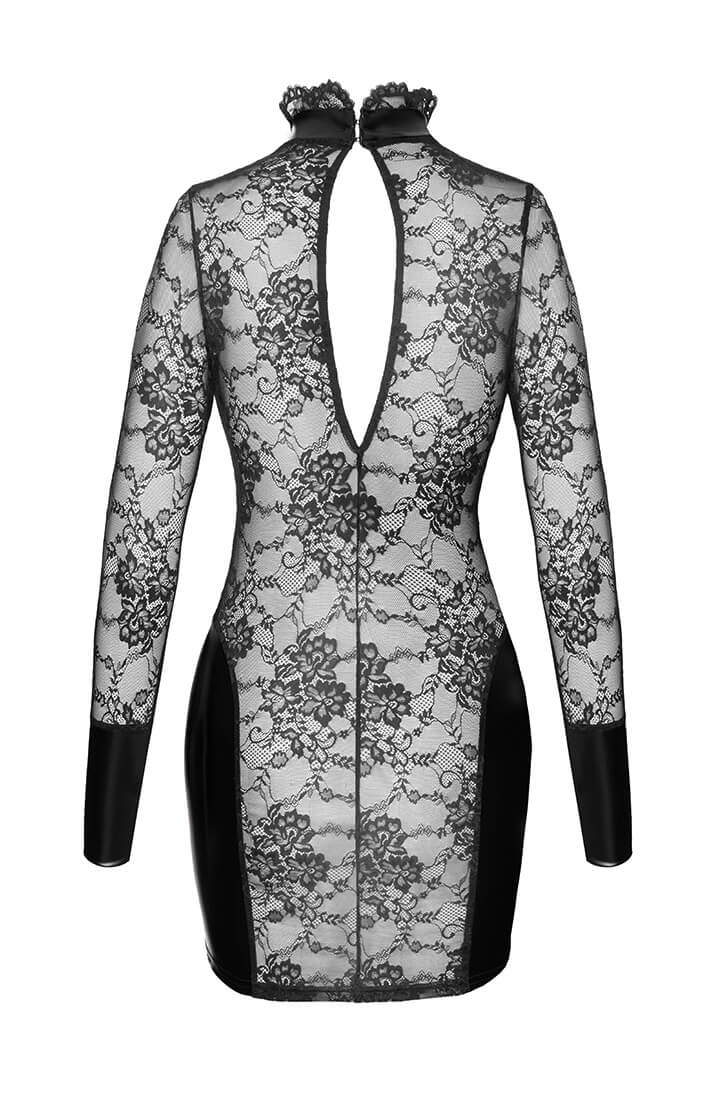 Seductive black lace mini dress with power wet look cuffs and choker - COAX Copenhagen