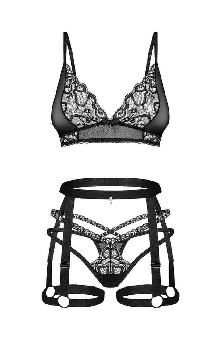 Black lingerie set with harness garter belt