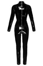 Load image into Gallery viewer, Black vinyl long sleeve catsuit with latex-shine effect