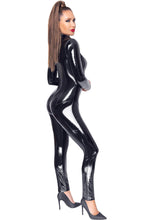 Load image into Gallery viewer, Black vinyl long sleeve catsuit with latex-shine effect