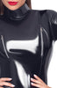 Black vinyl long sleeve catsuit with latex-shine effect