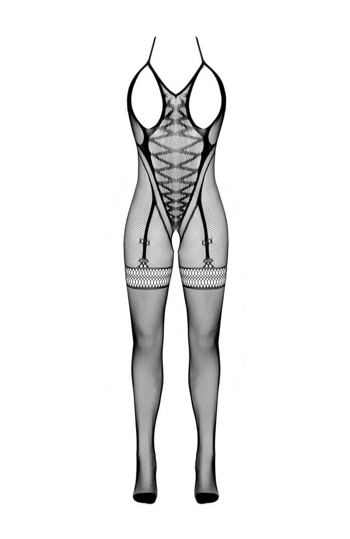 Open-cup black bodystocking with faux suspenders and sheer fishnet