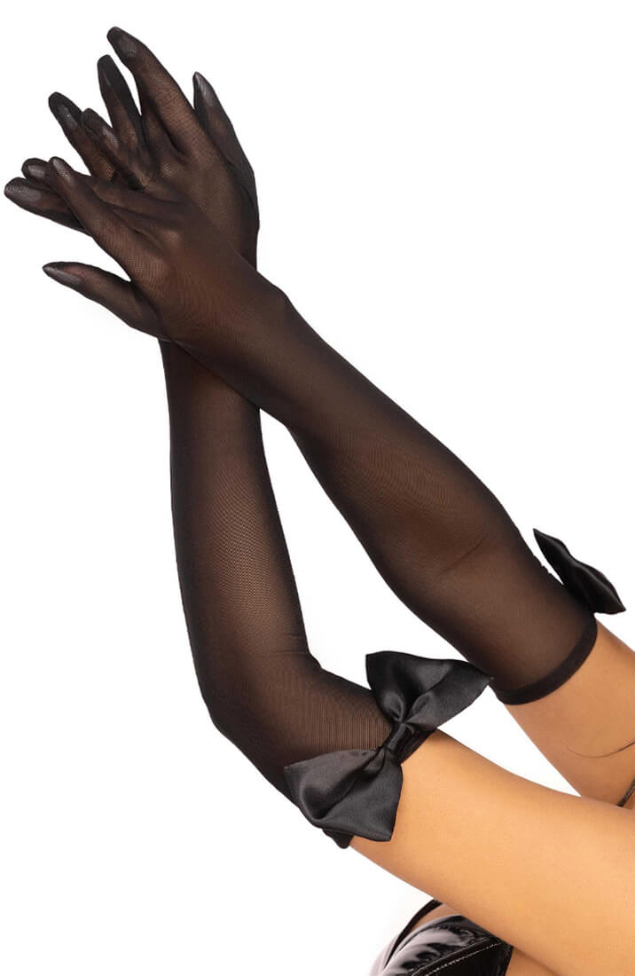 Black opera length gloves with bow top