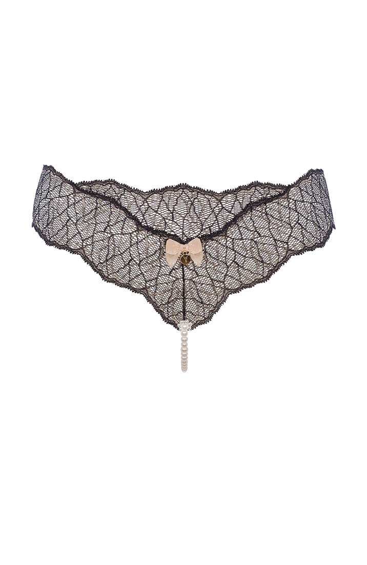 Black Lace Thong With Single Pearl String - Luxury Lingerie COAX Copenhagen
