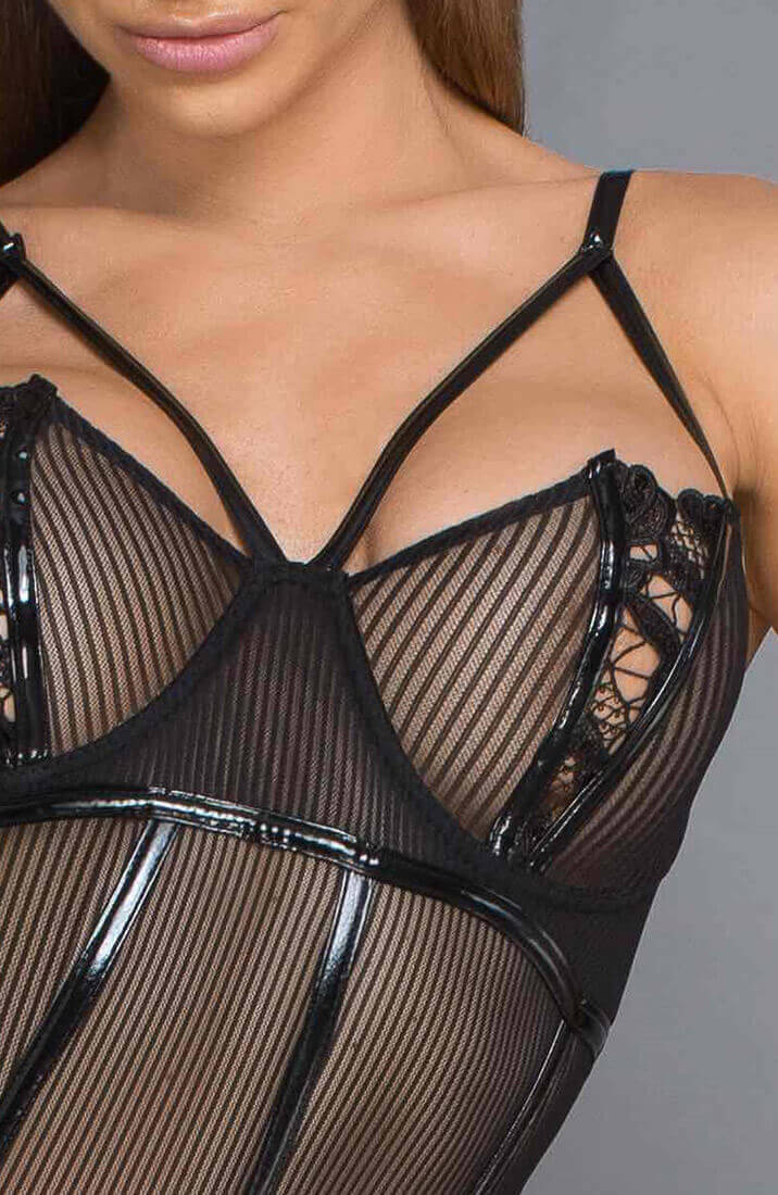 Ultra fitted black PVC & mesh catsuit