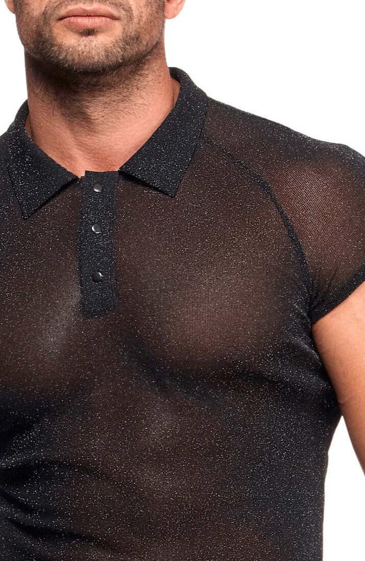 Black Sheer Shimmer Polo Shirt - Onyx Whisper