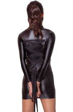 Load image into Gallery viewer, Black soft bondage wet look dress with tie-back