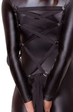 Load image into Gallery viewer, Black soft bondage wet look dress with tie-back