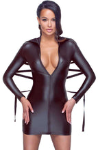 Load image into Gallery viewer, Black soft bondage wet look dress with tie-back