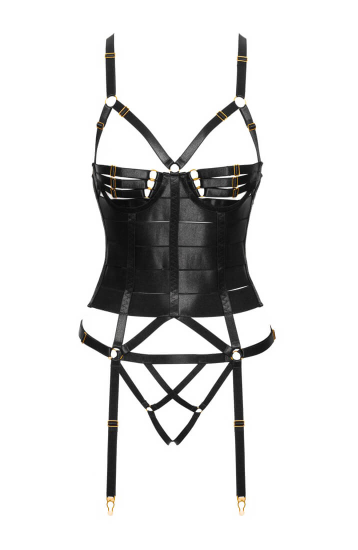 Black Cage Cup Corset with Strappy Suspender Details