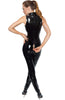 Skin-tight black vinyl catsuit with black 2-way zip
