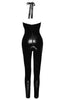 Seductively sleek black vinyl catsuit with a liquid-shine effect and a flawless fit