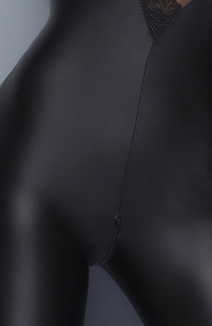 Dark romance meets bold seduction - black wet look catsuit with intricate embroidered details
