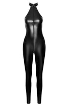 Load image into Gallery viewer, Black wet look halter neck catsuit