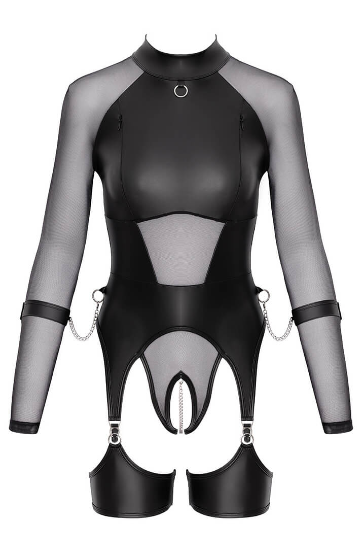 Sheer and wet look black lingerie with soft restraints - COAX Copenhagen style