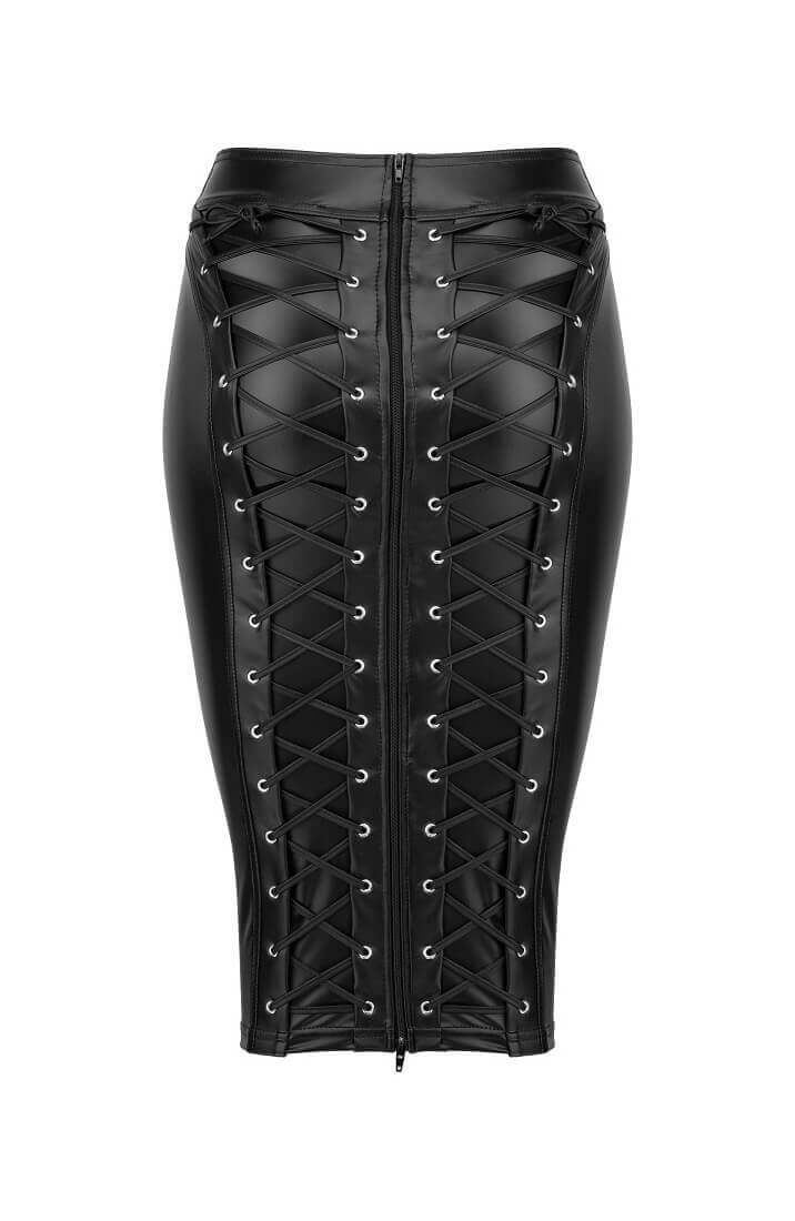 Black wet look pencil skirt with lace-up back