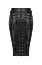 Load image into Gallery viewer, Black wet look pencil skirt with lace-up back