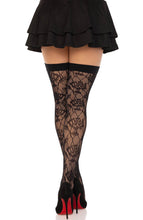 Load image into Gallery viewer, Black wild rose lace thigh highs