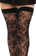 Load image into Gallery viewer, Black wild rose lace thigh highs