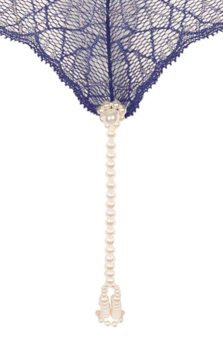 Blue Lace Lingerie Bodysuit With Gold Lurex And Pearl Strings