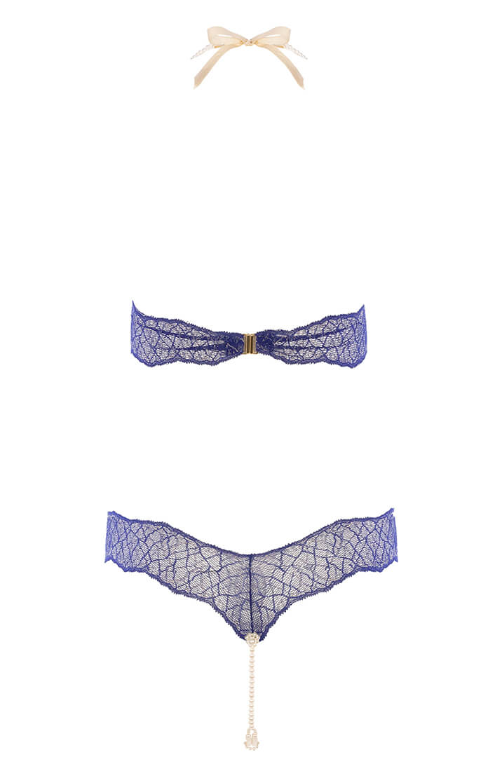 Blue Bodysuit With Double Manacor Pearl String - Erotic Lace One Piece