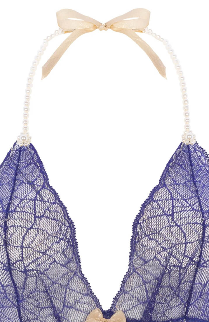 Luxury Blue Bodysuit With White Pearls - Intimate Designer Lingerie