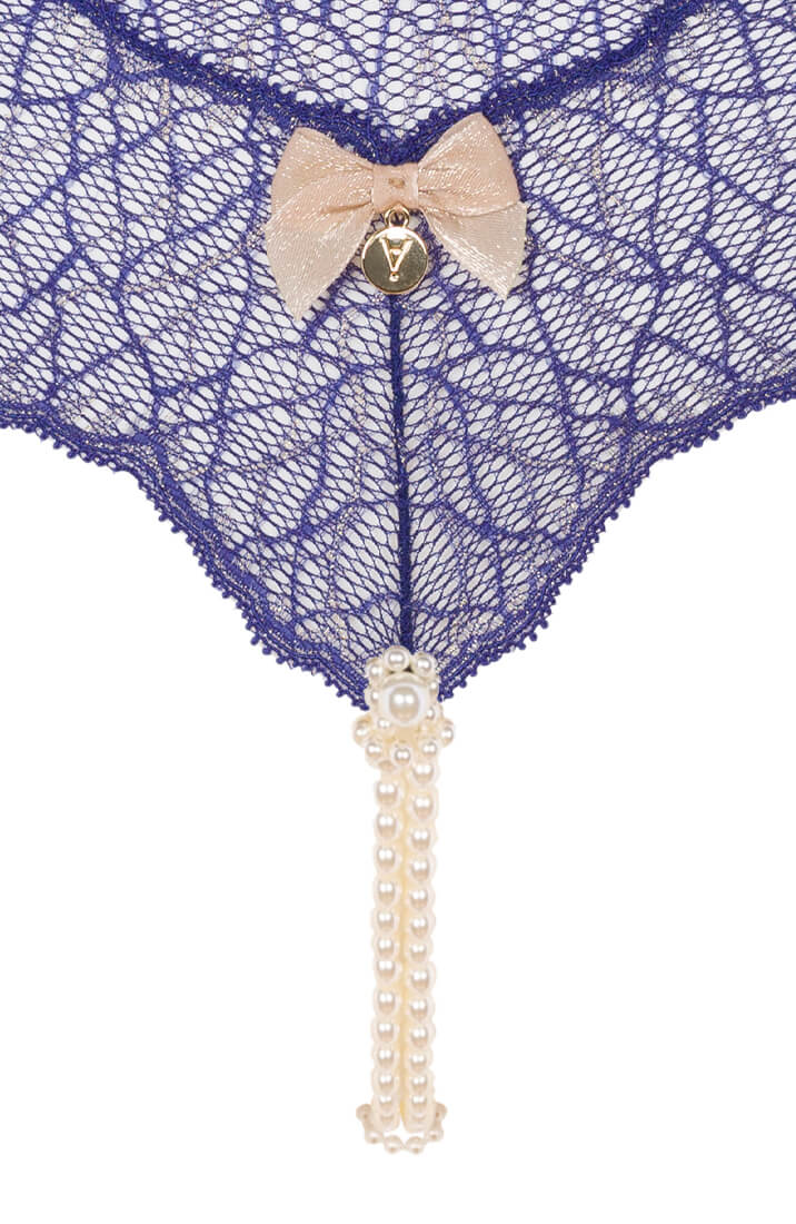 Elegant blue lace thong with gold accents and dual pearl string - COAX Copenhagen
