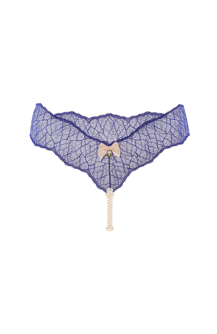 Blue Italian lace thong with white Manacor pearls and sensual fit from COAX Copenhagen