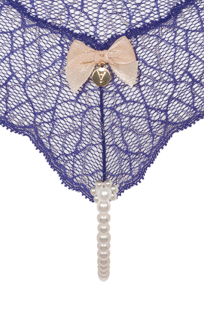Blue Thong With Single Pearl String Detail - Elegant Intimate Lingerie