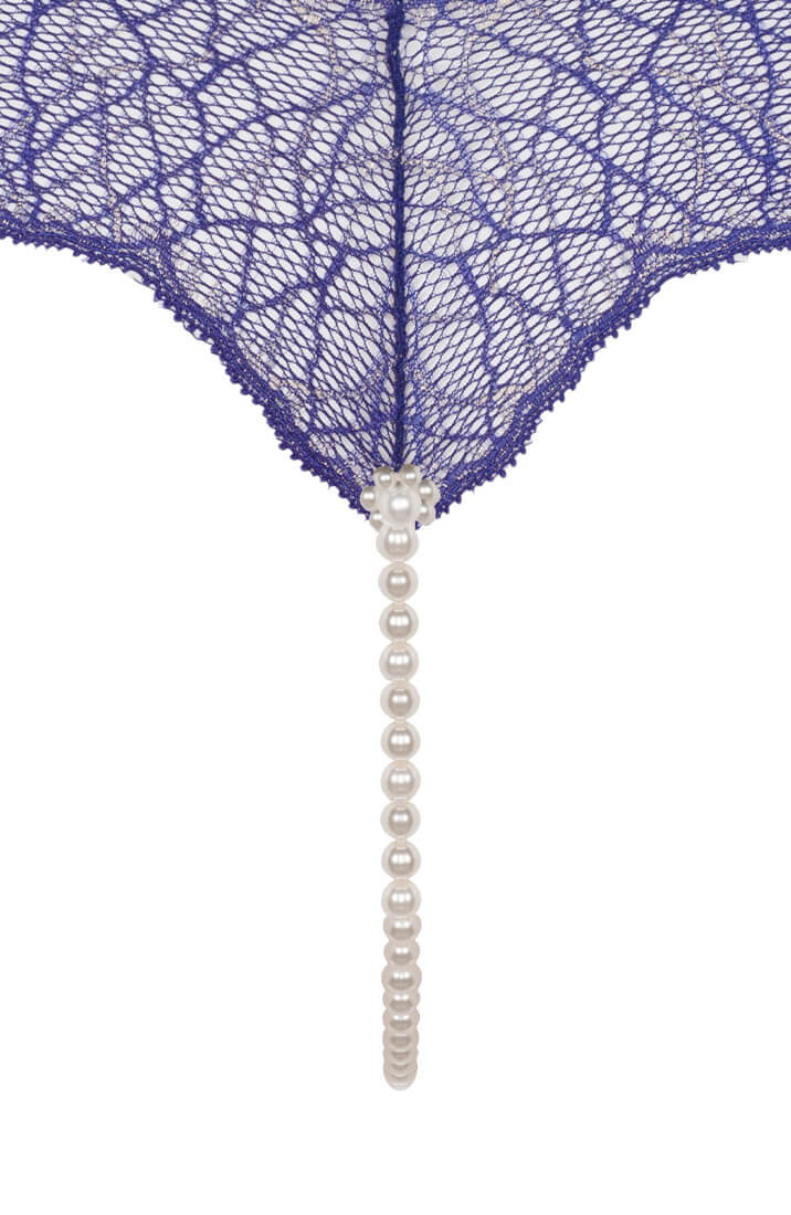 Blue Lace Thong With Single Manacor Pearl String - Exclusive Lingerie