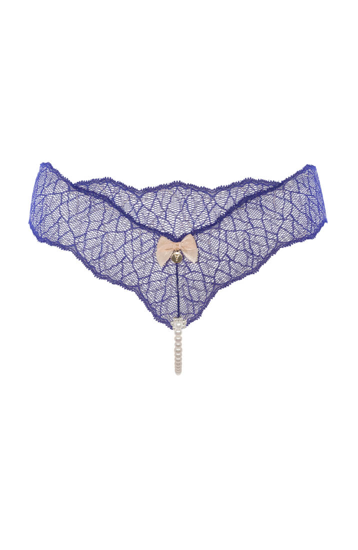 Blue Lace Thong With Single Pearl String - Luxury Lingerie COAX Copenhagen