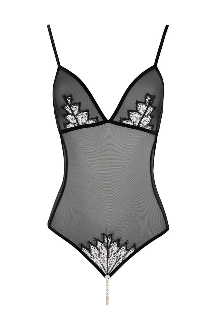 Luxury black bodysuit with ivory pearls and French Leavers lace
