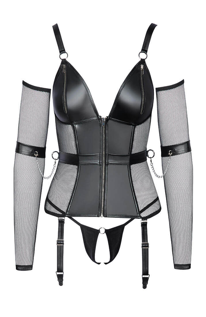 Close-up of zip-front bustier and metal O-ring details for restraint play