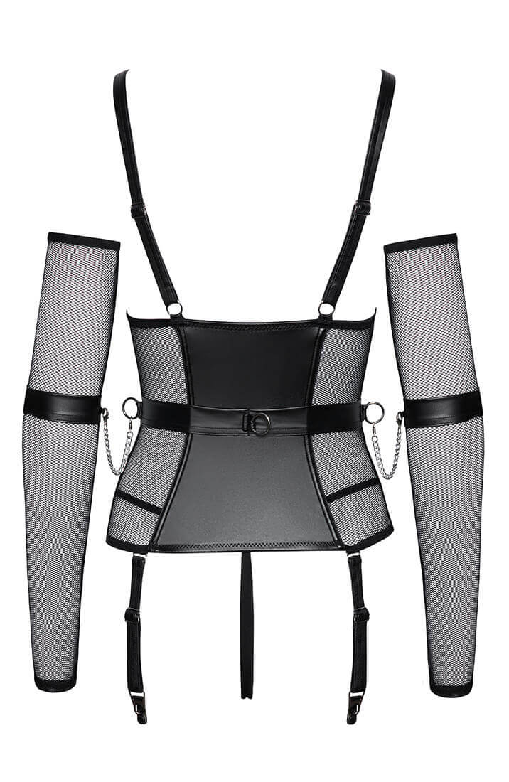 Soft bondage lingerie ensemble with matte wet look fabric, sheer net sleeves and crotchless thong