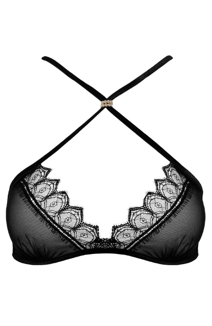 Sheer black pearl bra with crossed front detail from COAX Copenhagen